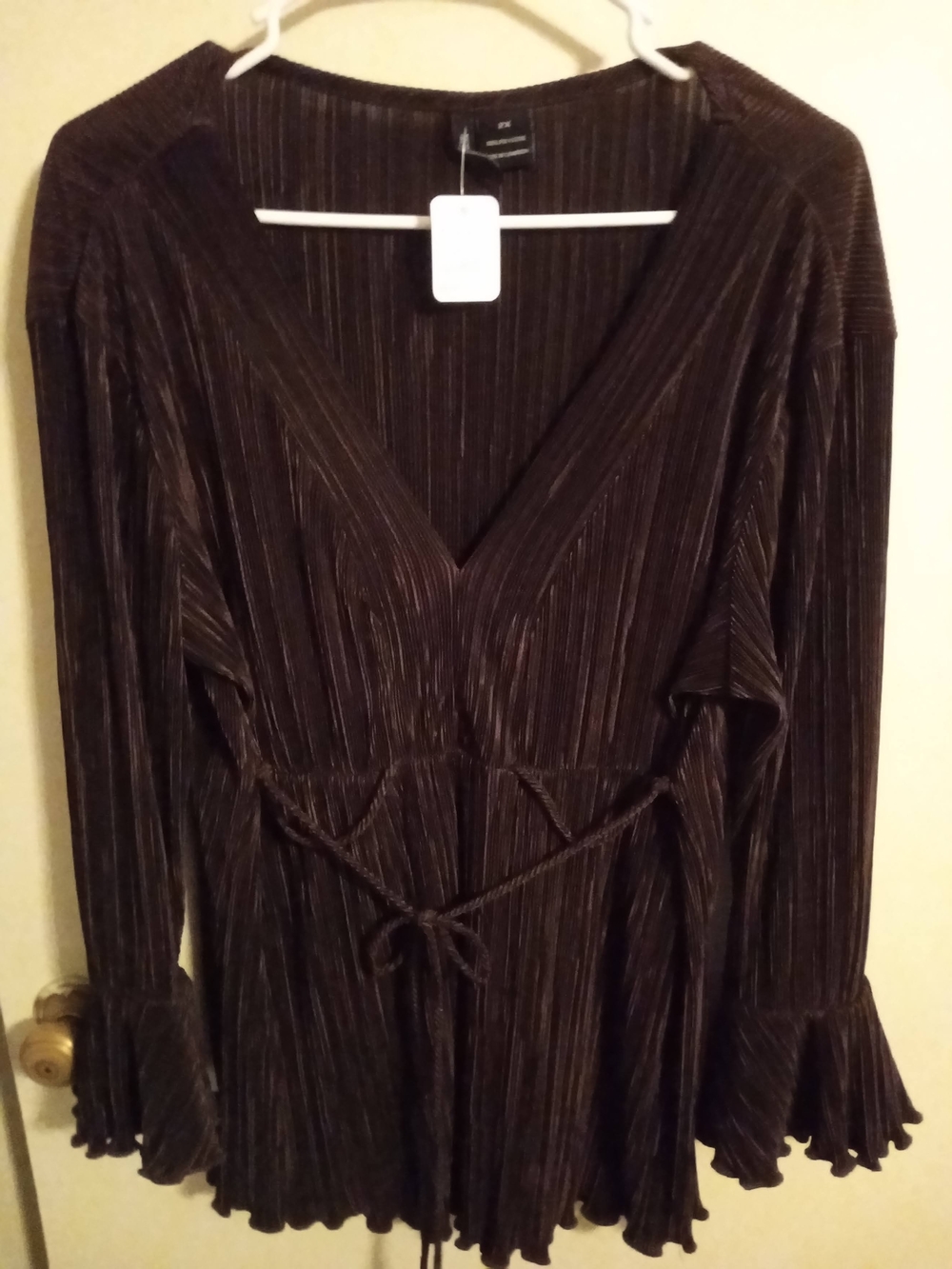 Brown V-Neck Pleated Blouse with Tie Waist